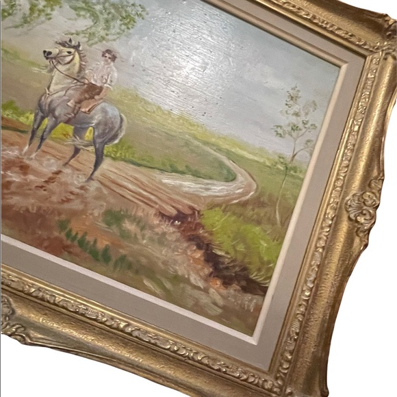 Vintage Polish unsigned oil painting Boy on a horse framed on board - Picture 5 of 7